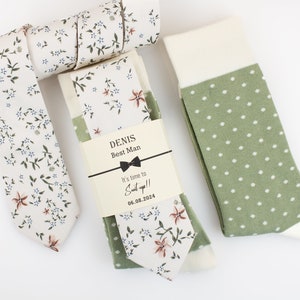 Cream, sage and light brown floral tie, sage and cream/ ivory polka dot socks, cream and sage wedding socks and tie, cream floral tie