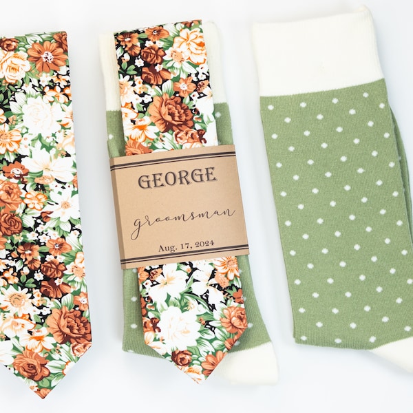 Azazie Rust wedding tie, Burnt orange and sage floral tie, Terracotta floral tie, Cognac Brown tie, Sage and ivory polka dot socks