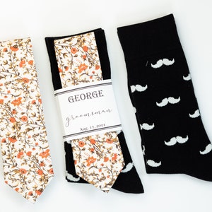 Black socks, Burnt orange, cream floral tie, rust orange tie, rustic wedding socks and tie, Copper color tie, Cognac floral tie, Groom tie
