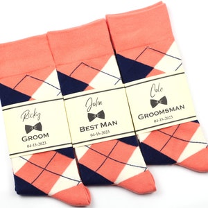 Groomsmen Socks, Coral, Ivory and Navy Socks, Argyle socks, Coral wedding socks, Custom socks labels, Groomsmen proposal socks gift idea