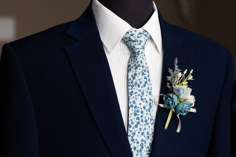 Dusty Blue floral tie, shades of blue tie, Groomsmen tie, Dusty blue wedding theme, Azazie dusty blue & sage necktie, matching pocket square image 10