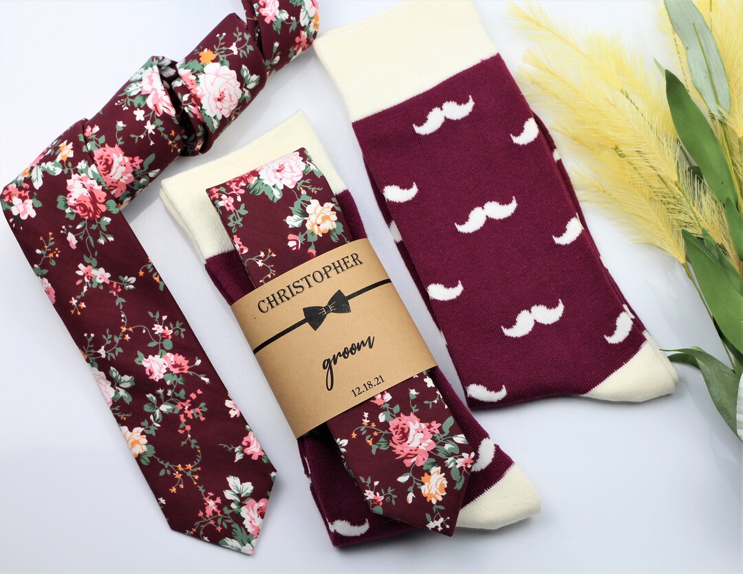 Burgundy, Sage Floral Tie Set, Matching Kids Burgundy Tie, Groomsmen Maroon Socks, Matching Kids Dress Socks, Men Mustache Socks