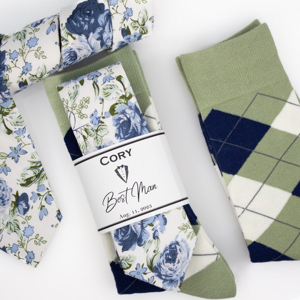 Dusty blue floral necktie, Groomsmen blue bow tie, Groomsmen sage socks, Faded blue and steel blue floral tie, Sage wedding socks