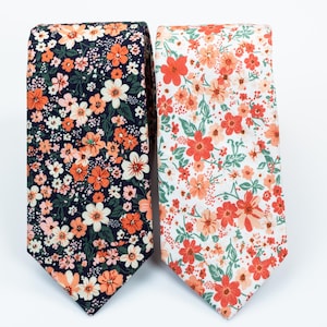 Coral floral tie, Navy & Coral flowers tie, peach, sage floral tie, Groomsmen coral tie, navy wedding tie, light range tie, men&#39;s orange tie