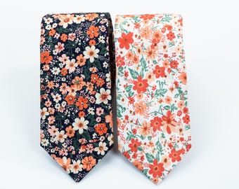 Coral floral tie, Navy & Coral flowers tie, peach, sage floral tie, Groomsmen coral tie, navy wedding tie, light range tie, men's orange tie
