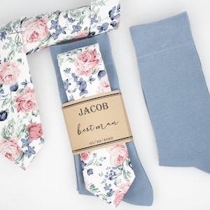 Groomsmen dusty blue, dusty rose and sage floral tie, matching pocket sq., kids bow ties, Groomsmen solid dusty blue socks, Wedding necktie