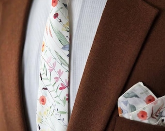Cream Wildflower Floral Tie, Boho Wedding Necktie, Rustic Wedding Tie, Watercolor Floral Tie, Terracotta Wedding Tie, Fall Wedding Tie