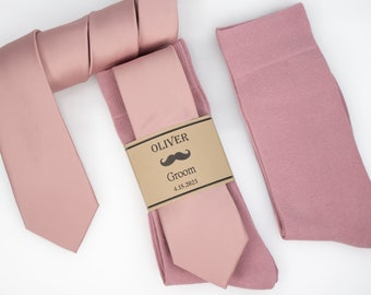 Groomsmen solid dusty rose socks, Dusty rose Satin Silk tie, personalized socks, Custom socks labels, Dusty rose self bow tie, Groom gift