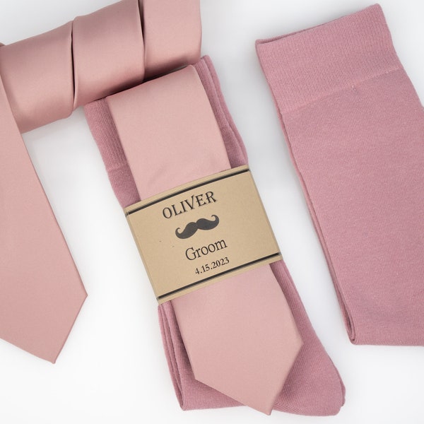 Groomsmen solid dusty rose socks, Dusty rose Satin Silk tie, personalized socks, Custom socks labels, Dusty rose self bow tie, Groom gift