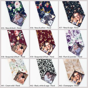 May include: A collection of nine different patterned ties with a photo insert. Each tie features a different color combination and floral pattern. The photo insert is visible at the bottom of each tie.