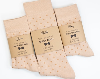 Champagne and beige polka dot socks, Groomsmen champagne socks, matching boys socks, Boho wedding socks, Ring bearer socks proposal idea