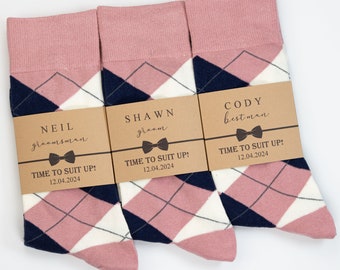 Dusty rose socks, Socks Labels, Personalized Groomsmen socks, Custom labels, wedding day socks, Dusty rose, Navy & Ivory Argyle Socks