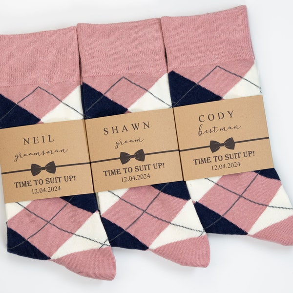 Dusty rose socks, Socks Labels, Personalized Groomsmen socks, Custom labels, wedding day socks, Dusty rose, Navy & Ivory Argyle Socks