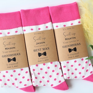 Groomsmen socks, Fuchsia and Ivory polka dot socks, Pink and white socks, Men pink socks, custom socks Labels,  Groom socks