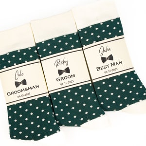 Groomsmen socks, Emerald Green socks, Dark Green socks with Ivory polka dot, Personalized Groomsmen socks, Custom labels, Green dress socks