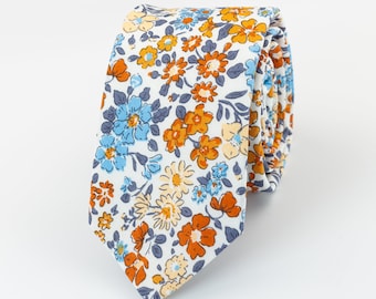 Rustic wedding floral necktie, Groomsmen terracotta tie matching pocket square, kids and adults bow ties, Burnt orange floral tie