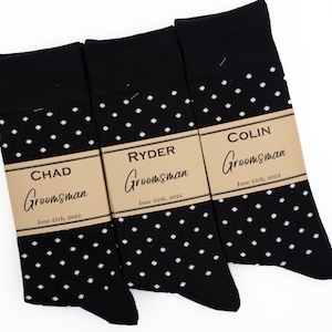 Black polka dot socks, Personalized Groomsmen proposal socks, Custom Socks Labels, Men socks, Groomsmen gift socks, Black and White socks