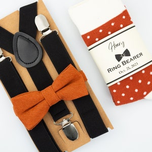 Terracotta bow tie, kids black suspenders, terracotta ivory polka dot socks, fall wedding tie & socks, ring bearer socks, black suspenders