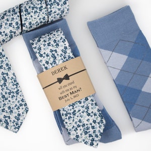 Dusty Blue argyle socks and floral tie, shades of blue tie, Groomsmen tie, Dusty blue wedding theme, Azazie steel blue floral tie and socks