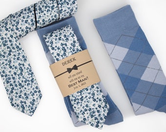 Dusty Blue argyle socks and floral tie, shades of blue tie, Groomsmen tie, Dusty blue wedding theme, Azazie steel blue floral tie and socks