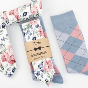 Dusty blue, dusty rose and sage floral tie, Groomsmen wedding socks, dusty blue, dusty rose and grey argyle socks, Azazie dusty blue tie