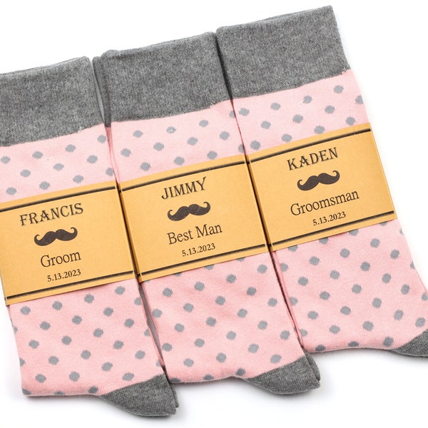 Groomsmen socks, Blush pink and grey polka dot socks, Pink men dress socks, Personalized socks labels, Father of the bride socks