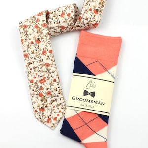 Coral and Navy socks, Coral and cream floral tie, Custom groomsmen socks labels, Coral men socks, Coral wedding theme, Rust orange tie