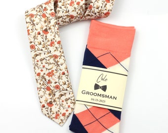 Coral and Navy socks, Coral and cream floral tie, Custom groomsmen socks labels, Coral men socks, Coral wedding theme, Rust orange tie