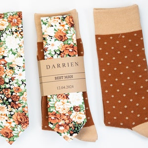 Burnt orange floral tie, Cream polka dot socks, Terracotta floral tie, rustic wedding socks and tie, Copper fall tie, cinnamon necktie