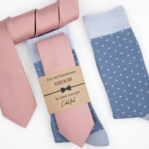 Dusty rose satin silk tie, Dusty blue and grey polka dot socks, Blueish grey socks, David bridal dusty rose tie, Dark blush tie