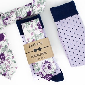 Groomsmen socks Lavender/ Lilac, Dark purple/ plum floral necktie, Deep purple tie for wedding, Matching kids ties, pocket squares