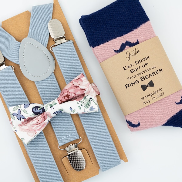 Dusty blue suspenders, dusty rose, dusty blue and sage floral bow tie, dusty blue and navy mustache socks, Ring bearer dusty rose outfit