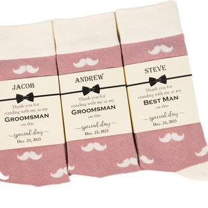 Groomsmen socks, Dusty rose and Ivory Mustache socks, Azazie dusty rose men dress socks, Personalized socks labels, Dusky/ Dusty Pink socks