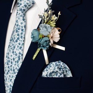 Dusty Blue floral tie, shades of blue tie, Groomsmen tie, Dusty blue wedding theme, Azazie dusty blue & sage necktie, matching pocket square image 3