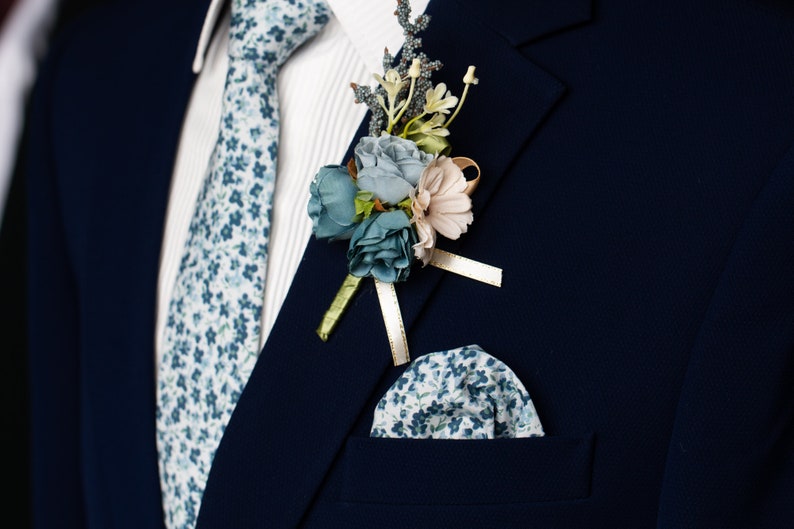 Dusty Blue floral tie, shades of blue tie, Groomsmen tie, Dusty blue wedding theme, Azazie dusty blue & sage necktie, matching pocket square image 3