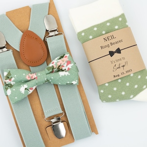 Sage suspenders, floral bow tie and sage with ivory polka dot socks, kids suspenders, tie & socks set, sage floral tie and sage dress socks