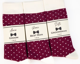 Groomsmen Burgundy, maroon, wine, dark red socks, Best man socks gift set, Maroon wedding socks, Burgundy and ivory polka dot socks