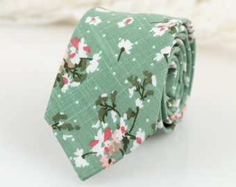 Dusty sage green floral tie, Sage green & blush floral tie, Groomsmen sage tie, bow tie, pocket square and matching kids bow tie