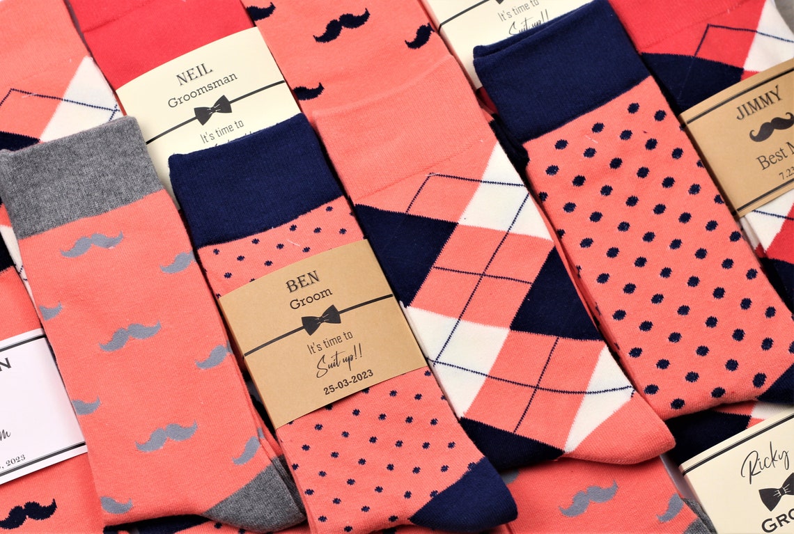 Groomsmen socks  Coral & navy socks custom socks labels Men image 1