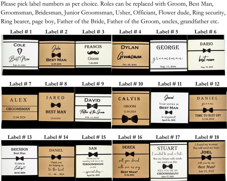 This picture shows example of different personalized labels that can be optionally purchased and are wrapped around ties. The labels has name, wedding role, wedding date and an optional message like tie to suit up or groomsmen proposal label.