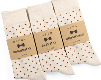 Cream and burnt orange polka dot socks, Terracotta cream wedding socks, Personalized Groomsmen proposal socks, boho wedding socks, Men socks