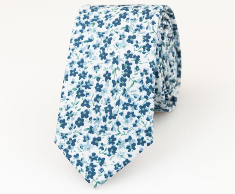 Dusty Blue floral tie, shades of blue tie, Groomsmen tie, Dusty blue wedding theme, Azazie dusty blue & sage necktie, matching pocket square image 1