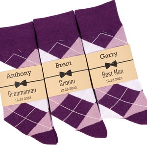 Plum, mauve and lavender argyle socks, Groomsmen mauve socks, Groomsmen plum socks, Personalized socks labels, Men deep purple socks