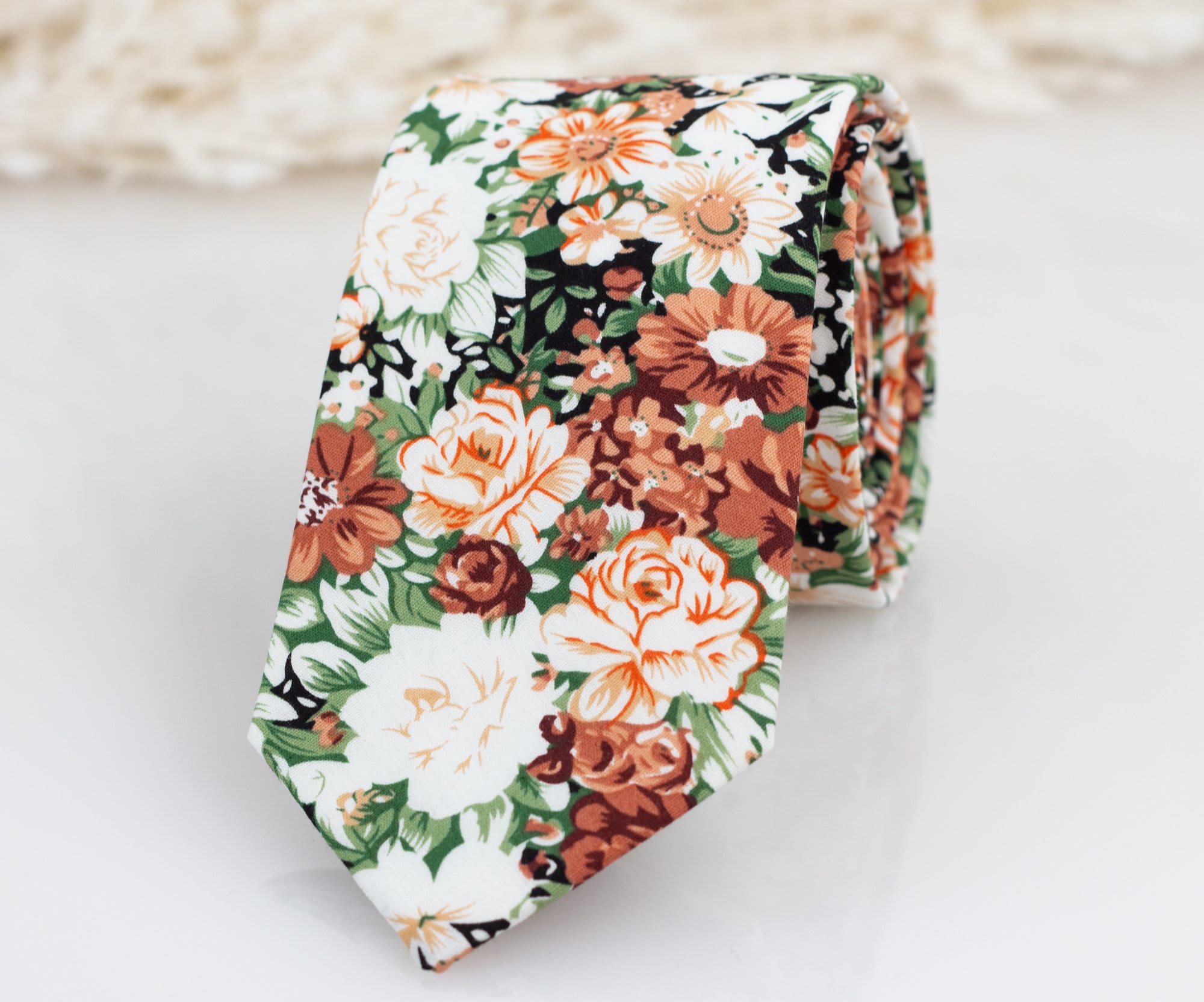 Rust Wedding Tie, Burnt Orange and Sage Floral Tie 