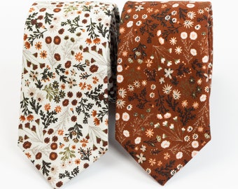 Wild flower Cinnamon tie, Rust orange and cream wedding tie, Burnt orange floral tie, Terracotta floral tie, Cognac Brown tie, Sedona tie