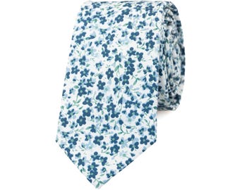 Dusty Blue Floral Tie, Cotton Necktie for Groomsmen, Spring Summer Wedding Tie