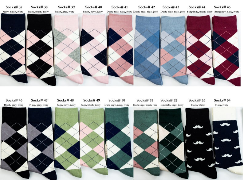 Picture 3 out of 5 socks picture, that has argyle and mustache design socks. Navy, blush, dusty rose, burgundy, black, sage, emerald colors that goes well with different wedding themes. One of the most selling socks Black with white mustache socks.