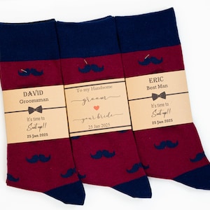 Groomsmen socks burgundy, Personalized Groomsmen socks, Custom socks labels, Burgundy & Navy Mustache Socks, Wine color men dress socks