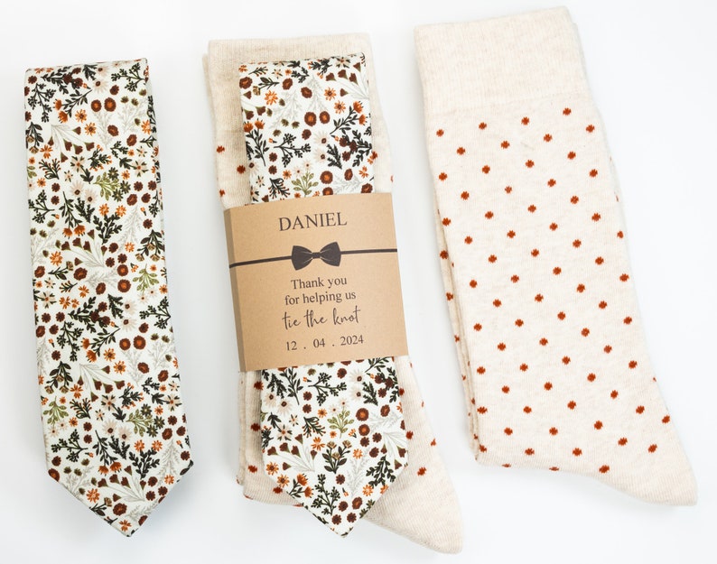 Cream, rust orange and sage green floral tie, Cream with burnt orange polka dot socks, Groomsmen cream socks, Groomsmen terracotta tie image 1