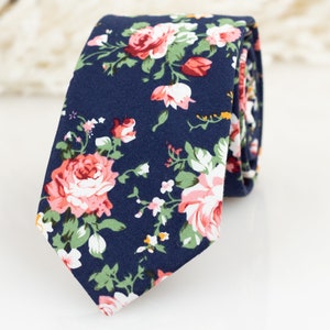 Navy blue & Blush pink floral tie, Groomsmen navy floral tie matching pocket square, Navy floral blue tie, Navy wedding tie, kids bow tie